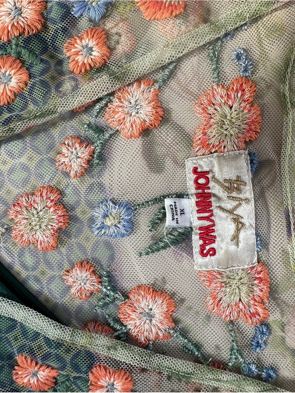 Johnny Was Sheer Floral Embroidered Top in Coral, Blue and Green - Picture 4 of 11